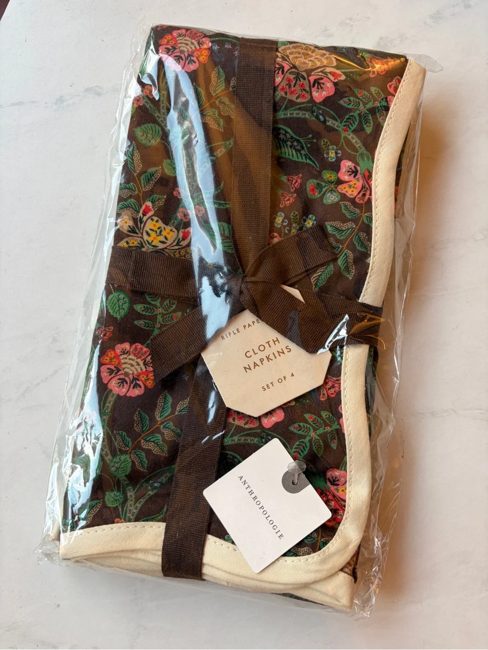 NWT Anthropologie Rifle Paper Co. Gracie Napkins, Set of 4, Brown Floral